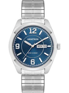 Mens Silver Navy Blue Analog Quartz Expansion Band Day-Date Function Round Watch